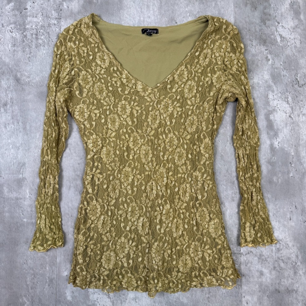 Vintage Buttercup Lace Shirt Womens Large Green V-Neck 3/4 Sleeve Boho Fairy